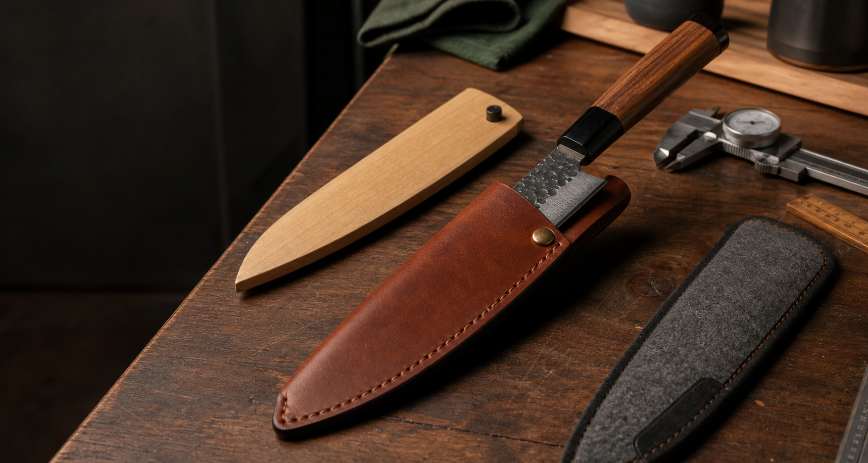 Chef knife, leather sheath, wooden saya, and blade guard arranged on a kitchen workbench